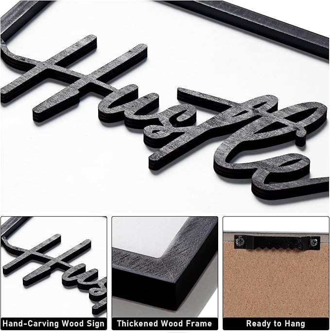 3D Wood Inspirational Office Wall Decor, 48" x 24" Framed Grind Hustle Success Motivational Wall Art, Positive Quotes Wall Art for Home Office Bedroom (Ready to Hang, Set of 3, Framed)
