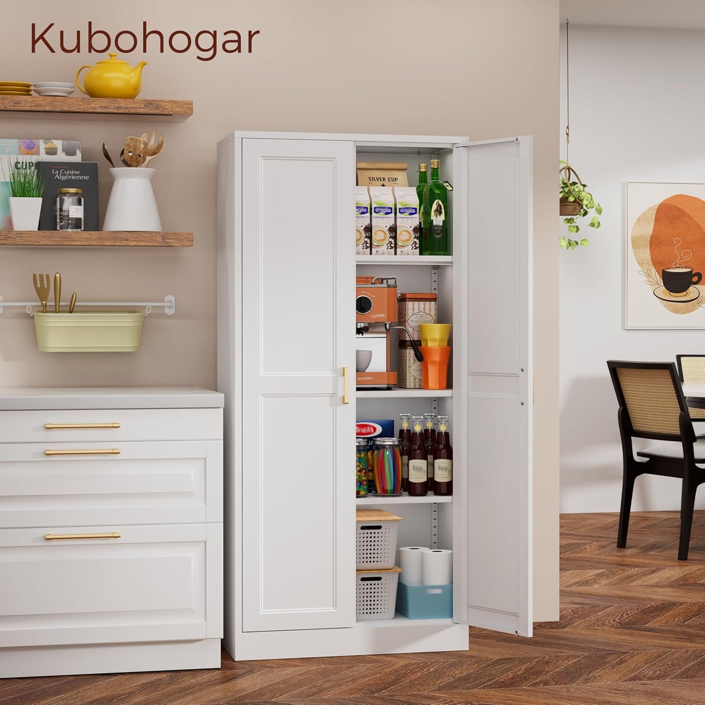 60" Tall Metal Pantry Cabinet, White Kitchen Pantry Storage Cabinet with 3 Adjustable Shelves and Gold Handles, Cupboard for Kitchen, Dining Room, Living Room, Bathroom