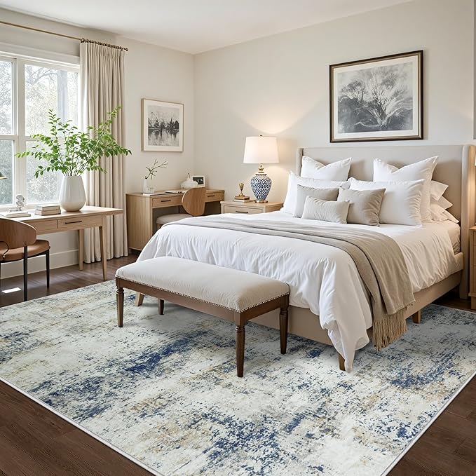 9x12 Area Rugs Living Room Rugs: Large Washable Rug with Anti-Slip Backing Non-Shedding Stain-Resistant Soft Abstract Carpet for Bedroom Dining Room Nursery Hallway Indoor Home Office Blue Brown