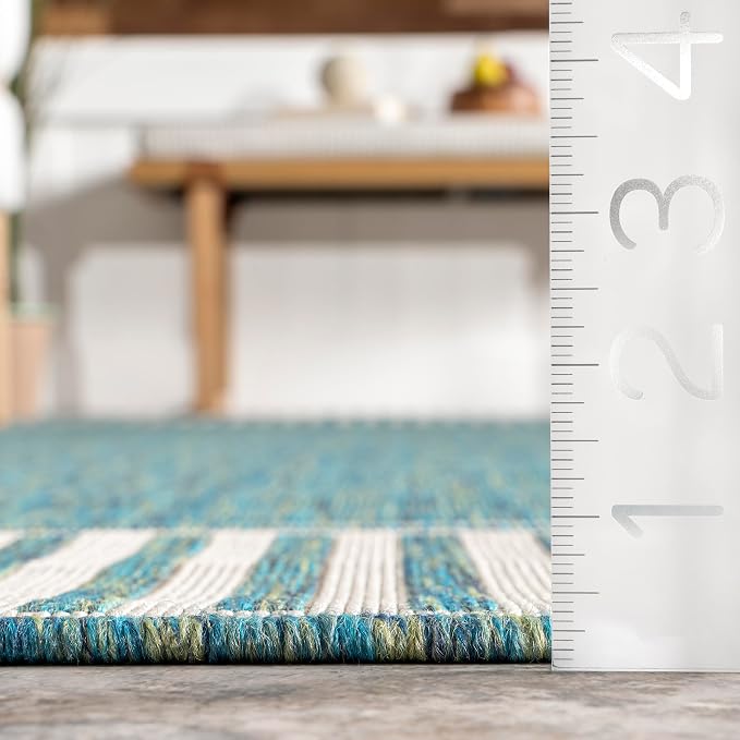 Nuloom Asha Teal/Ivory, 5' x 8', Casual, Striped Border, Soft and Cozy, High Traffic, Easy Clean, Durable Area Rug for Indoor/Outdoor Patio, Deck, Porch, Garden, Courtyard