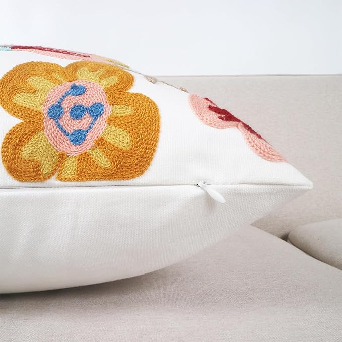 Floral Embroidery Throw Pillow Covers 18x18 Inch Colorful Flower Decorative Cushion Case with Blue and Orange Flowers 100% Cotton, Home Decor Embroidered Throw Pillow Cover 45x45cm, 1 Piece
