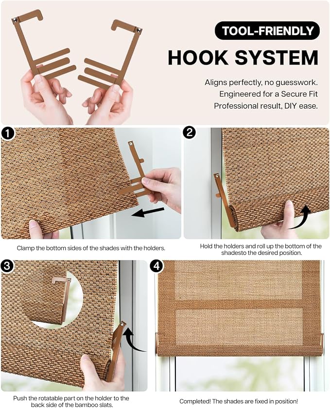 LazBlinds Manual Roll-up Bamboo Blinds, 37" W x 72" H, Star-Beige | Easy Install Roller Shades for Windows, Hook-On Light Filtering Bamboo Shades for Interior Indoor Windows
