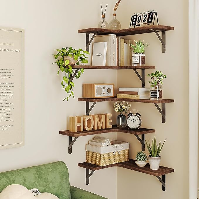 Fixwal Corner Floating Shelves for Wall, Rustic Wood Wall Mounted Shelf for Bathroom, Kitchen, Bedroom, Home Decor, Laundry Room, Living Room, Set of 5 (Dark Carbonized Black)