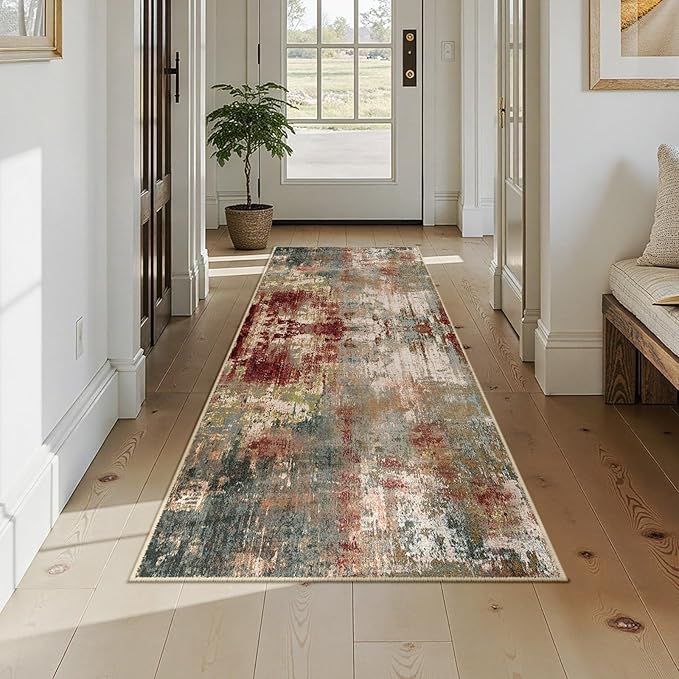 RELEANY Washable Area Rugs 2'6''x8 Non-Slip Modern Abstract Soft for Living Room Entryway Bedroom Nursery, Print Pattern, Brown Rust Red Green Blue Multi