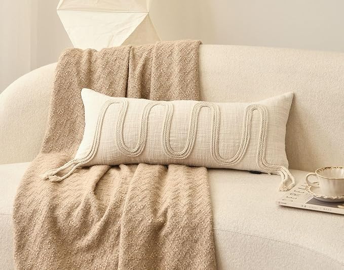 Beige Decorative Lumbar Pillow Cover 12x28, Handwoven Boho Long Body Pillowcase, Farmhouse Linen Cotton Pillow Cushion Case for Sofa, Bed, Living Room, Bedroom