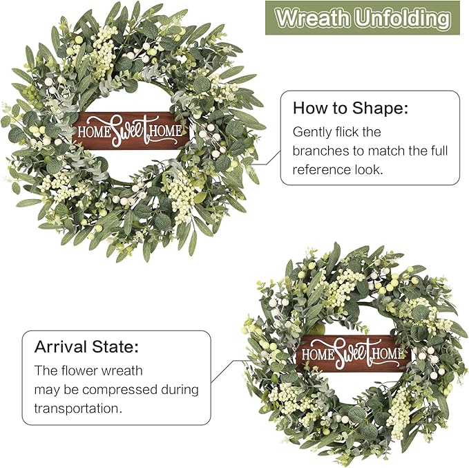 Artificial Eucalyptus Wreaths for Front Door, Spring Summer Wreath with Welcome Home Sign, Olives Leaves, Mixed Berries for Indoor Outdoor Farmhouse Porch Wall Window Festival Décor 20 Inch