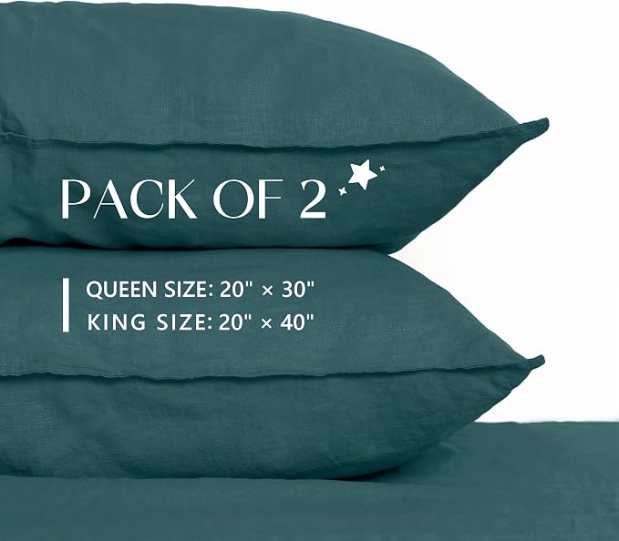 Linen World Linen Pillow Cases King Size - 20"x40" Set of 2,100% French Flax Pillowcase,Soft Breathable Natural Pillow Covers,Midnight Green