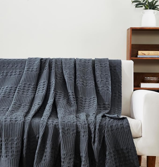 VHC Brands 100% Cotton Waffle Weave Queen Blanket 90"x90", Decorative Lightweight Spring and Summer Throw Blanket, Bedroom Decor for Bed, Couch, or Sofa, Dark Grey