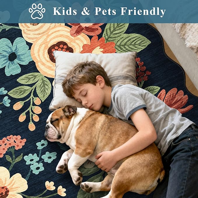 DUKINO 4x6 Area Rug, Floral Non-Slip Indoor Washable Rug with Low Pile & Non-Shedding, Lightwight Boho Design Carpet for Entryway, Bedroom, Kids Room, Living Room, Kitchen, Navy Blue
