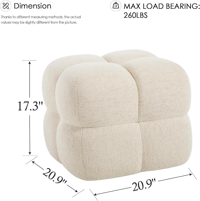 Zesthouse Square Pouf Ottoman, Modern Vanity Chair Backless for Bedroom, Beige Linen Stool Seat Foot Rest, Upholstered Poofy Footstool for Couch, Fabric Ottoman Coffee Table for Living Room