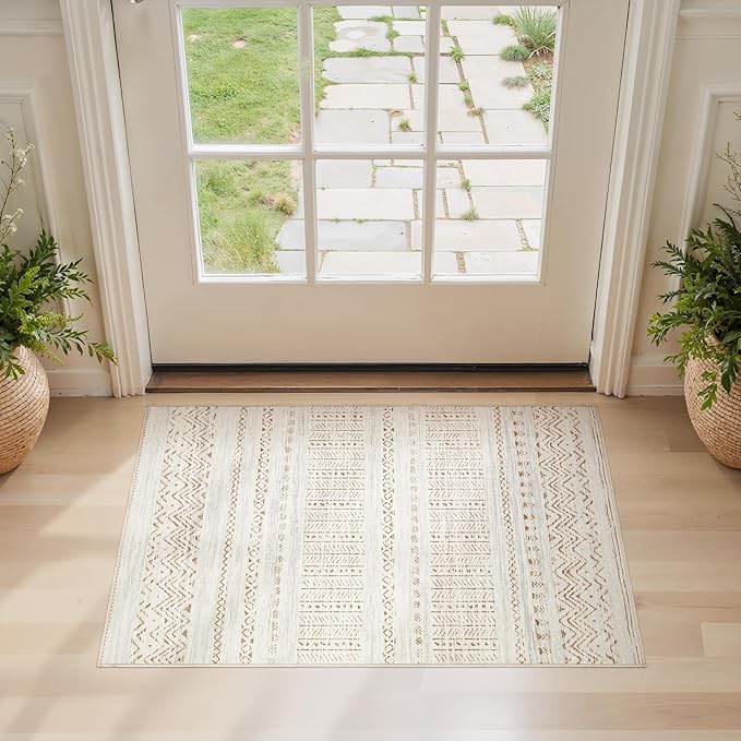 cotiled Washable 2x3 Entryway Rug: Washable Boho Rugs with Non Slip Backing Small Soft Indoor Stain Resistant Carpet for Kitchen Front Lightweight Home Decor Brown/Cream