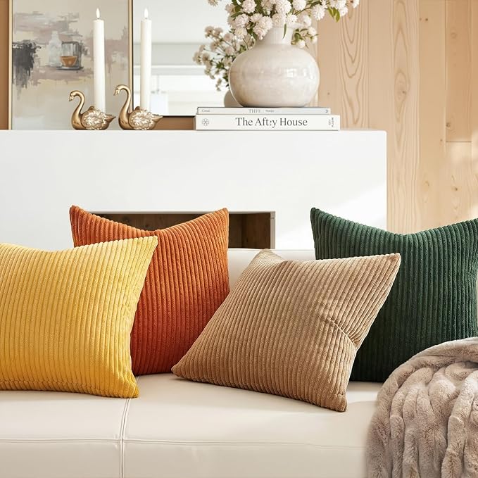 Topfinel Boho Farmhouse Green Rust Striped Pillow Covers 24x24 Set of 4 Mordern Nordic Soft Corduroy Cushion Covers Fall Home Decor for Couch Bed Sofa Living Room Forest Green
