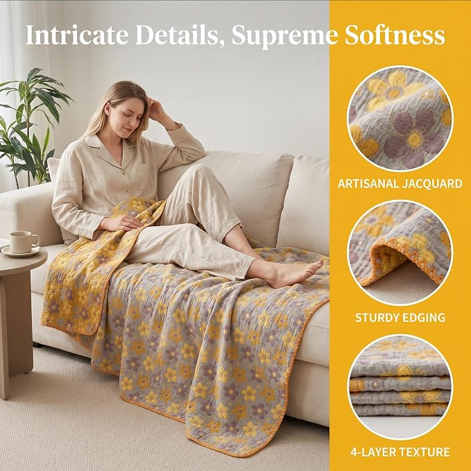 NIDITW Checkerboard Cotton Muslin Throw Blanket for Couch 6-Layer Checkered Gauze Blanket Soft Breathable All Season for Couch Bed Sofa (Yellow Flowers, Twin)