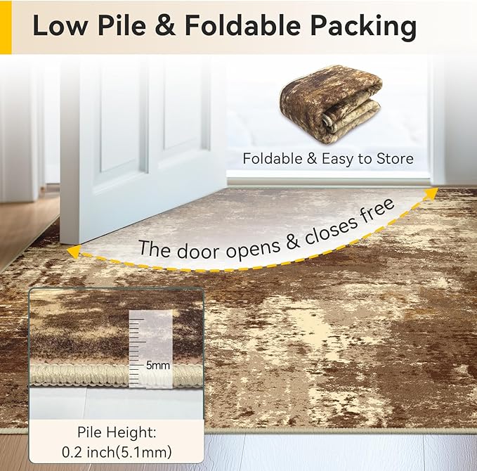 RELEANY Washable Area Rugs 2'x10' Non-Slip Modern Abstract Soft for Living Room Entryway Bedroom Nursery, Print Pattern, Brown Tan Beige Coffee