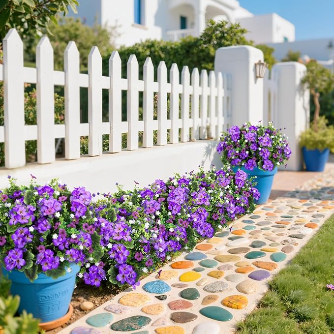 Ouddy Decor 18'' Artificial Geraniums Flowers for Outdoors, 10 Bundles Mixed Fake Silk Flowers Plastic Plants UV Resistant for Summer Garden Porch Patio Planter Kitchen Table Home Decor, Purple