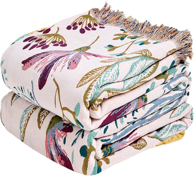 MSGKV Boho Throw Blanket for Bed 60"x80" Floral 100% Cotton Couch Blanket Summer Breathable Lightweight Farmhouse Flower Twin Size Blankets for Sofa Home Decor Muslin All Seasons
