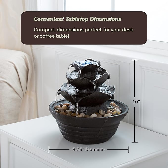 Indoor Fountain with LED Lights – Cascading 3-Tier Lighted Tabletop Water Feature with Soothing Sound – Zen Décor for Home or Office by Pure Garden