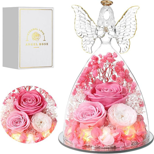 Mothers Day Rose Gifts for Women Preserved Real Flower in Glass Angel Figurines Roses for Delivery Prime Birthday Gifts for Mom Grandma Girlfriend Wife Her,Pink Austin Roses