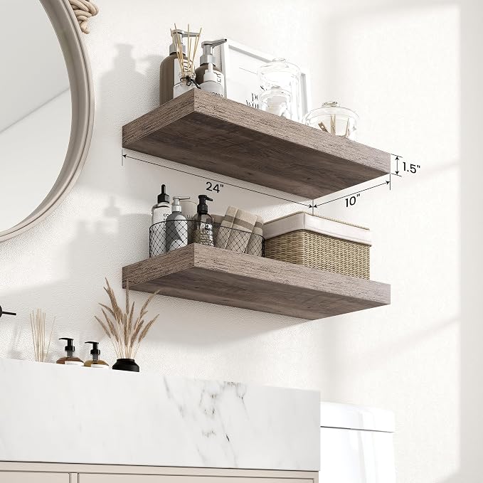 Axeman 24Inch Floating Shelves for Wall, 2 Pack Shelves for Bedroom, Bathroom, Kitchen, Hanging Wall Mounted Rustic Wood Shelf with Invisible Brackets for Books Decor, Grey