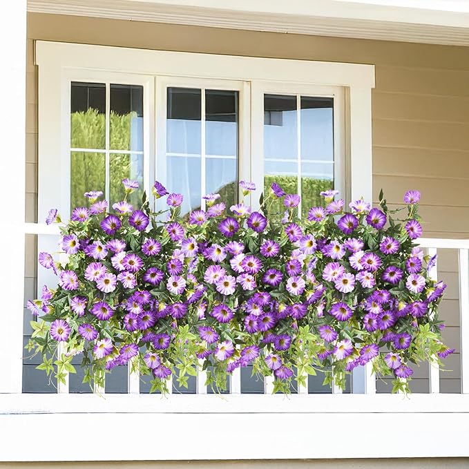 Artificial Fake Flowers Hanging Plants for Outdoor Spring Summer Decor, 2Pcs Faux Petunias Realistic Flowers Silk Morning Glory UV Resistant No Fade for Home Outside Garden Patio Yard Porch(Purple)