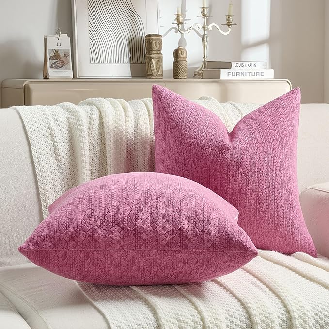 FUTEI Hot Pink Chenille Throw Pillow Covers 22x22 Inch Set of 2,Soft Striped & Diamond Textured Cushion Cases,Modern Home Decor for Couch Living Room