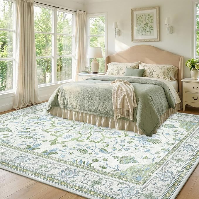 RELEANY Area Rugs 7'x9' Washable Non-Slip, Floral Vintage Distress Print Pattern Medallion Carpet for Living Room Bedroom Dining Room, Green White Blue