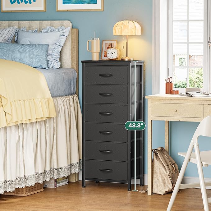Huuger 43.3 Inch Tall Dresser for Bedroom, 6 Drawer Night Stand & Chests of Drawers, Fabric Dresser for Closet, Bedroom, Nightstand, End Table with Metal Frame, Storage Tower with Fabric Bins, Black