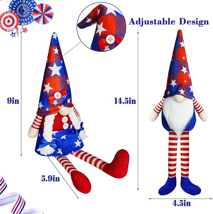 2Pcs 4th of July Patriotic Gnomes Plush Decorations- Mr & Mrs Handmade Swedish Tomte Gnomes Ornaments for 250th Anniversary Patriotic Party Table Decor-Fourth of July Party Home Mantle Fireplace Decor