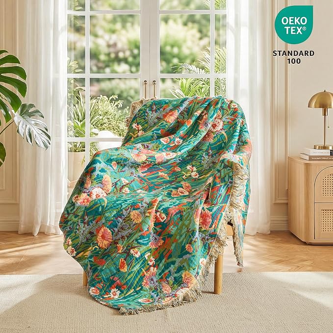 MSGKV Boho Throw Blanket 60"x80" Floral Blankets for Bed 100% Cotton Twin Size Couch Blanket Lightweight Farmhouse Muslin Summer Breathable Home Decor All Seasons