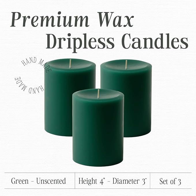 Mister Candle Dripless Unscented Green Pillar Candles, Set of 3 Hand Poured Solid Color Non-Scented Candles for Home Decor, Premium Wax, 60 Hr Burn Time - 3x4 Inch, Green