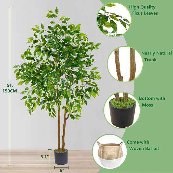 Warmplants Artificial Ficus Tree, 5ft Tall Fake Ficus Tree with Basket, Faux Plant for Indoor Outdoor Home Livingroom Office Garden Porch Décor