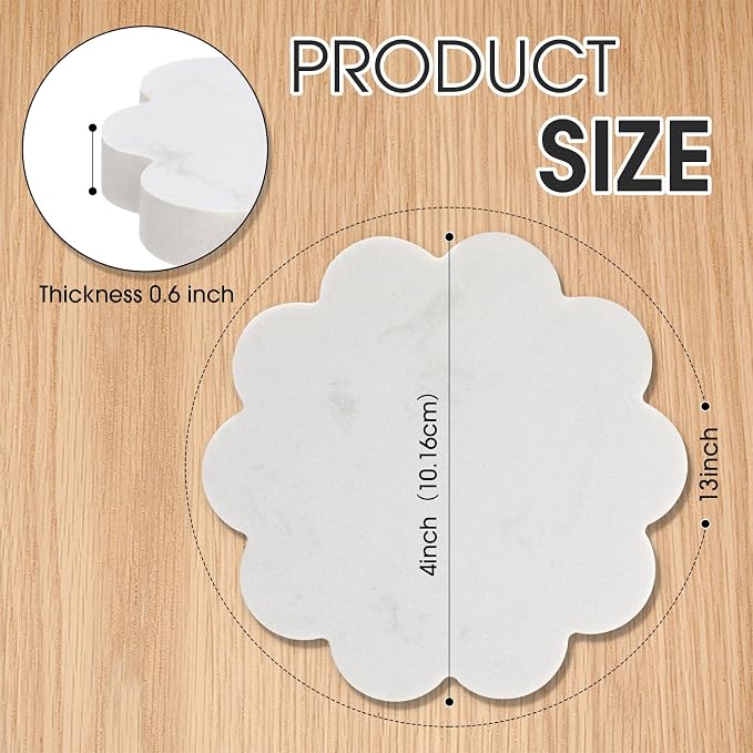 6 Piece Marble Coaster Set 4 x 4 Inch Natural Stone Coasters Scalloped Calacatta White Stone, Luxury Home Decoration, Drink Coasters for Coffee Table, Desk, Bar, Elegant Tabletop Accessories