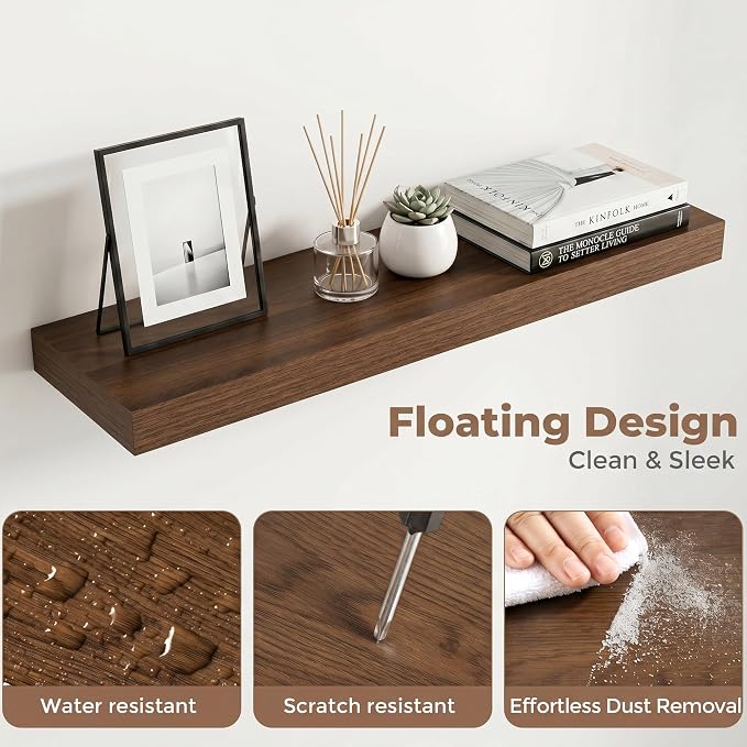 30 Inch Floating Shelves for Wall, 8"D Wood Storage Shelves, Walnut Finish | Engineered Wood, Invisible Bracket, Large Storage, Easy Install, Hold Up to 44lbs, Living Room, Bathroom, Bedroom, Kitchen