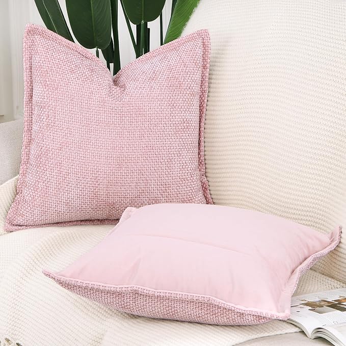 MADIZZ Decorative Chenille Velvet Throw Pillow Covers Set of 2 Soft Boho Textured Neutral Couch Throw Pillow for Bed Modern Farmhouse Home Decor for Sofa Livingroom Pink 16x16 Inch
