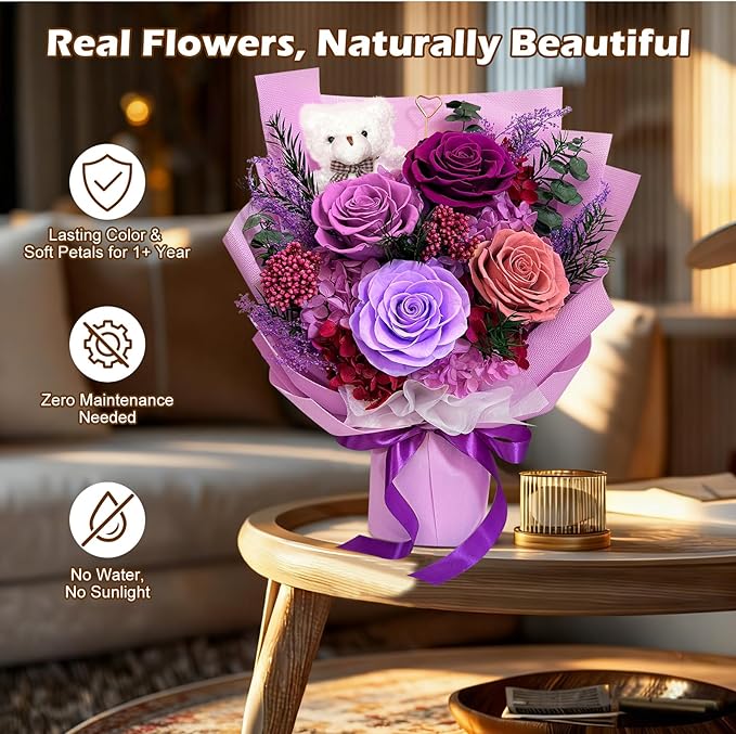 Preserved Flowers Bouquet with Bear&Photo Clip,Last 1-3 Years,4 Real Roses,Flowers for Delivery Prime,Valentine,Mother's day,Anniversary,Birthday Gifts for Grandma Mom Wife Daughter Women Her,Purple