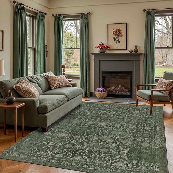 Rugxara 8x10 Area Rugs for Living Room Bedroom, Large Washable Rug, Green Vintage Floral Boho Rug, Non Slip & Low Pile Faux Wool Thin Carpet for Indoor Dining Room and Kids Room(Green 8x10ft)