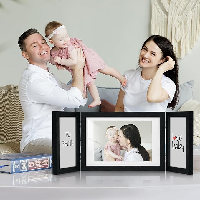 Afuly 5x7 Picture Frame Black 4x6 3 Picture Frames Collage Hinged Folding Triple Photo Frames Home Decor for Wall Desktop Christmas Wedding Birthday Gifts for Women Mom Grandma Family, 2*4x6+1*5x7