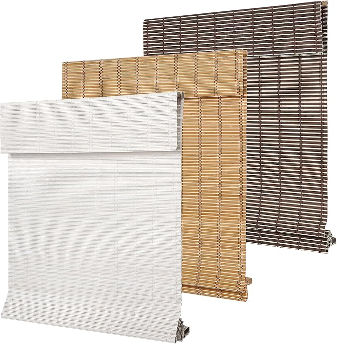 SEEYE Cordless Bamboo Blinds Shades, Light Filtering Bamboo Roller Shades Natural Roman Blind Shade, Roll Up Blind for Windows, Easy to Install for Door, Bedroom, 26" W x 64" H, White