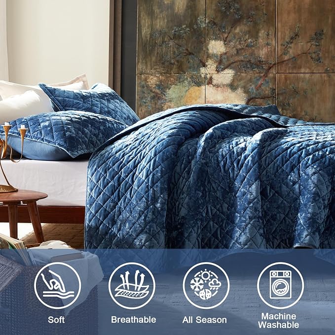 Cosybay Luxury Velvet Quilt Set King, Lightweight Oversized Bedspread Coverlet Quilted Box Stitch Bedding Set, with 2 Matching Pillow Shams, for All Season, Dusty Blue