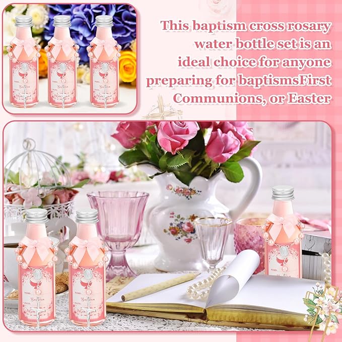 FillTouch 12 Sets Catholic Holy Water Bottle Baptism Rosary Set Baptism Favors 1.7oz Christian Water Container Empty Glass Holy Water Bottle for Easter Party Church Wedding Table Newborn (Pink)