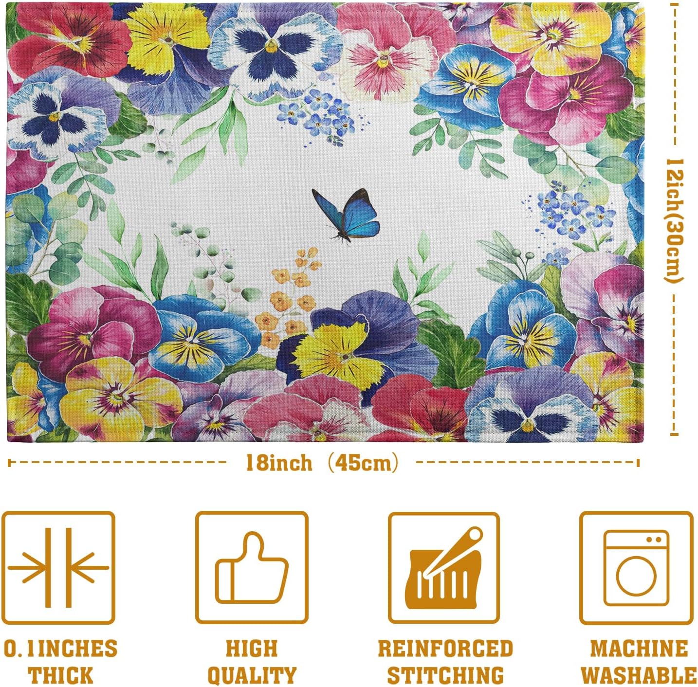 Watercolor Flowers Placemats Set of 4 Spring Summer Floral Butterfly Linen Fabric Table Mats Pansy Flower Eucalyptus Leaves Washable Place Mats for Farmhouse Dining Table Kitchen Decoration