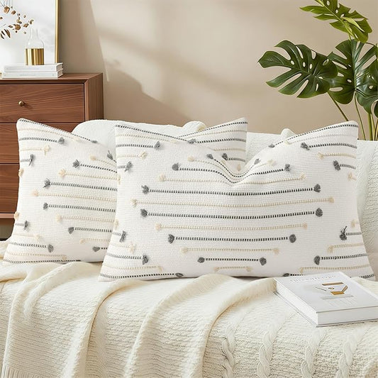 Mecatny Boho Outdoor Throw Pillow Covers 12X20 Set of 2, Farmhouse Lumbar Pillow Covers for Couch Sofa Living Room, Beige & Grey