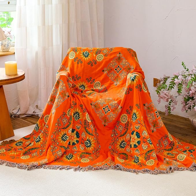 Throw Blanket for Couch Bed Chair,100% Cotton Soft Lightweight Muslin Blanket,4-Layer Woven Gauze Breathable Rustic Quilt -Orange Floral Farmhouse Decor,Bed All Season Blankets,90"×98"