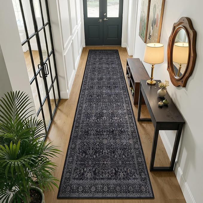 Dark 2x10 Rug Runners for Hallways Non Slip, Long Kitchen Runner Rugs Non Skid Washable, Vintage Famrhouse Low Pile Thin Carpet Runners for Entryway Corridor Mudroom Foyer, Midnight