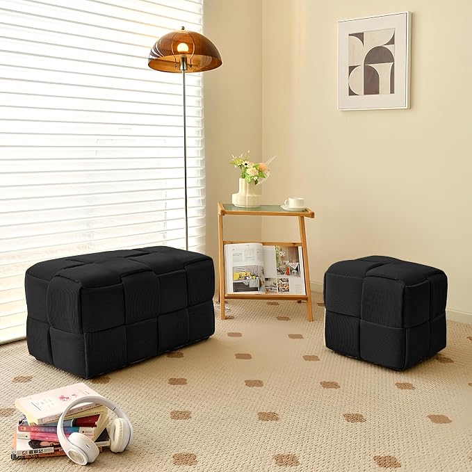 Cmishe 28" Rectangular Woven Corduroy Ottoman Footrest - Large Modern Entryway Bench & Bed End Stool, Sturdy Wood Frame, No Assembly (Black-L)