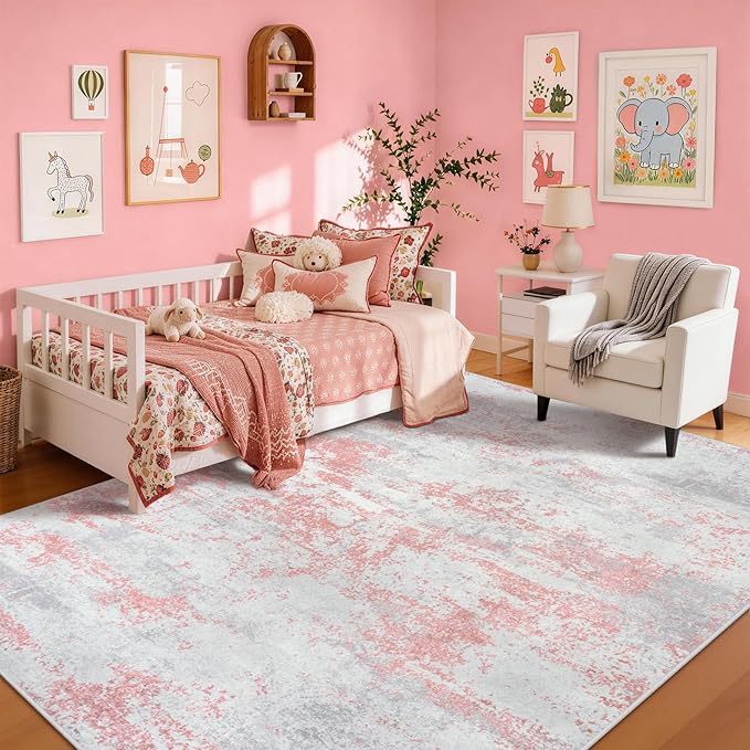 5x7 Area Rugs for Living Room Rug Washable: Abstract Rug for Dining Room Bedroom Carpet Non Slip 5 by 7 Indoor Modern Nursery Home Office Pink