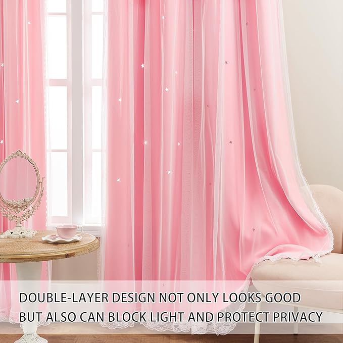 XiDi Pink Curtains 96 Inches Long for Girls Bedroom Living Room Darkening Privacy Double Layer Curtains with Sheer Overlay for Kids Toddler Princess Nursery Room Decor Grommet Window Drapes W52 X L96