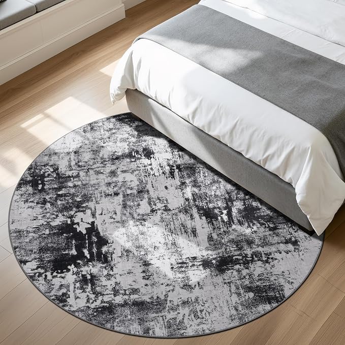 Rugflix Round Area Rugs 8Ft for Living Room, Washable Circle Rug Stain-Resistant Low Pile, Modern Dark Carpet for Bedroom Dining Room Home Office Kid Nursery Room, Black Grey