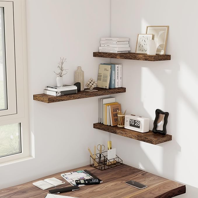 Floating Shelves for Wall - 2 Pack 30 Inch Long Rustic Wooden Display Shelves - 8 Inch Deep Wall Mounted Storage Shelf with Invisible Heavy-Duty Brackets for Books, Bathroom, Kitchen - Rustic Brown