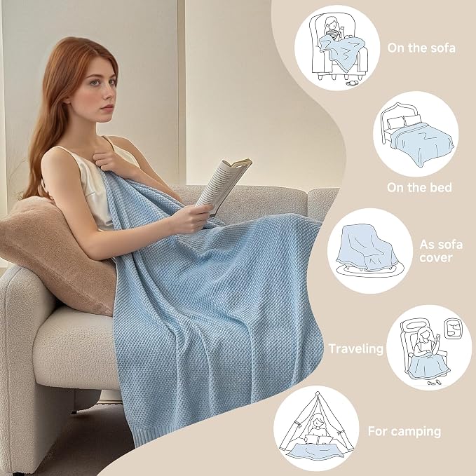 Simple&Opulence 100% Cotton Blanket Queen Size, Solid Color Cable Knitted Blanket Super Soft Comfortable Breathable Decorative Farmhouse for Couch Sofa Bed, All Season Use(Winter Blue,90x90)